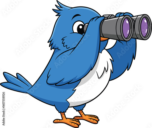 Cartoon blue bird with binoculars and orange feet, humorous vector character illustration with white belly for whimsical nature designs