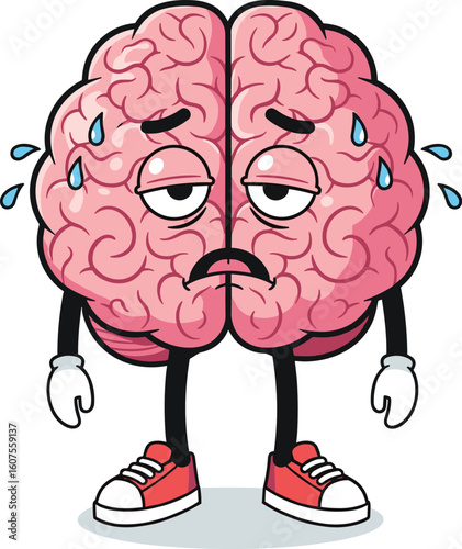Sad cartoon brain character sweating with tired eyes and sneakers, emotional anthropomorphic vector illustration for stress and fatigue themes