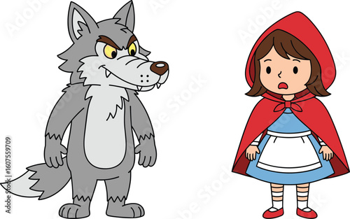 Cartoon Little Red Riding Hood and gray wolf illustration, fairy tale moment with red cape girl and menacing forest predator character