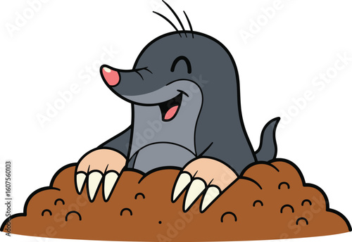 Cute cartoon mole with pink nose emerging from dirt mound, smiling animal character vector illustration for children and nature themes