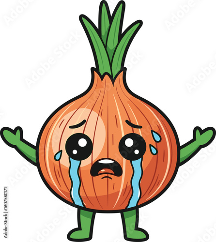 Sad cartoon onion character with teary eyes and raised arms, emotional vegetable mascot with face, legs, and green leaf top