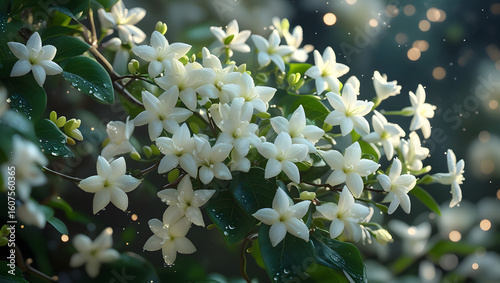 Night-Blooming Jasmine in Full Bloom – Star-Shaped White Flowers with Dewdrops in Natural Bokeh
