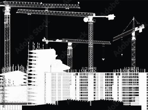 four white large cranes build house