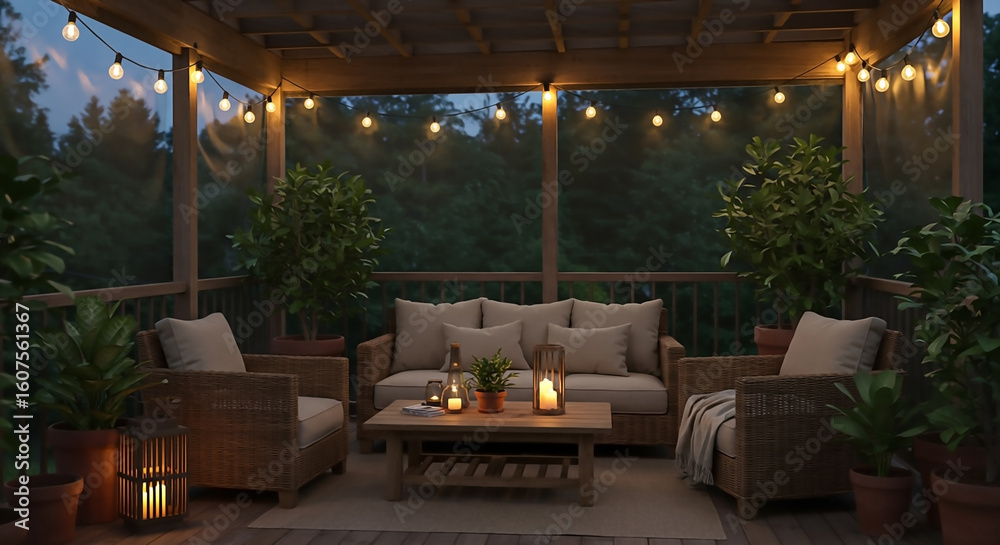 Fototapeta premium Twilight Tranquility: A cozy outdoor patio bathed in the soft glow of string lights, inviting relaxation with its comfortable seating, potted plants, and a sense of serene atmosphere.