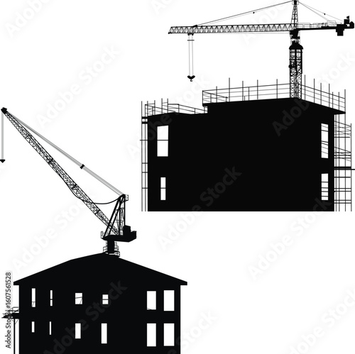 tower two cranes and buildings on white background