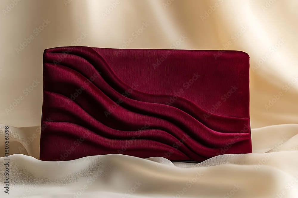 Obraz premium Dark ruby clutch with wave-textured velvet fabric and a subtle jewel clasp, displayed on a soft off-white background 