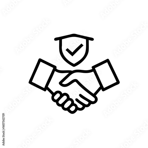 Outline handshake symbol with shield checkmark agreement deal