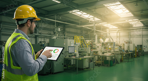 Smart factory engineer managing industrial operations with a data driven ERP system, viewing production analytics and performance charts on a digital tablet.