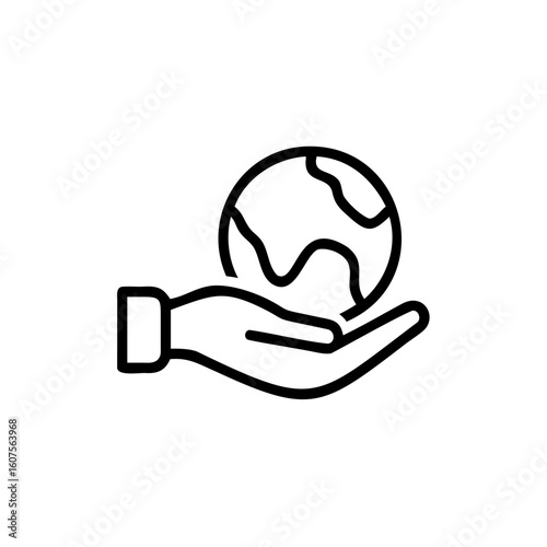 Outline icon hand holding planet earth on globe
