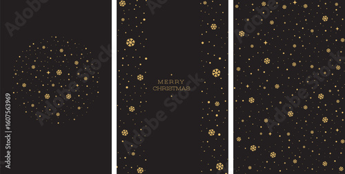Merry Christmas and Happy New Year greeting card. Gold Snowflake Pattern on Black Background.