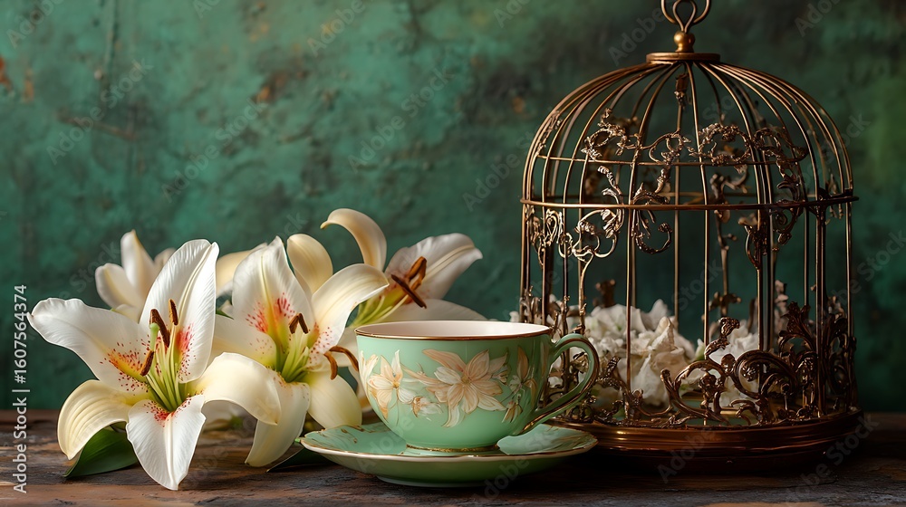 Fototapeta premium Tea cup resting beside ceramic lilies and brass birdcage