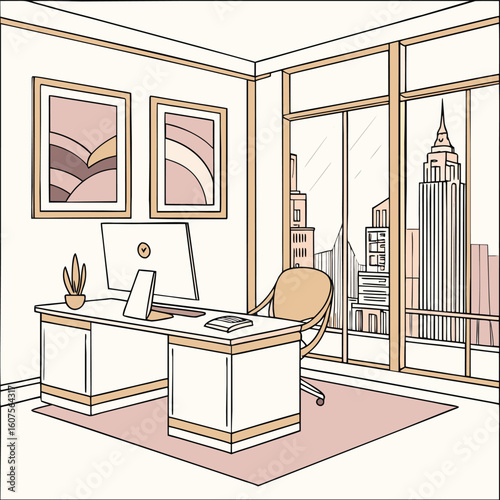 A stylish business vector showing a modern luxury office interior with designer desk