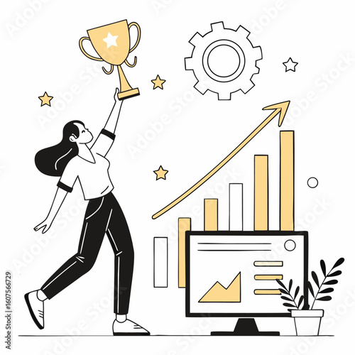 Flat vector illustration of a modern entrepreneur celebrating startup growth