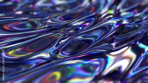 Abstract Holographic Fluid Surface Flowing Liquid Metal Iridescent Waves Chrome Texture