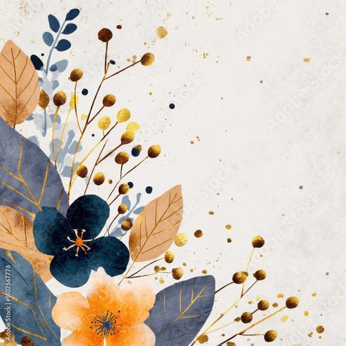 Winter background vector. Hand painted watercolor and gold brush texture, Flower and botanical leaves hand drawing. Abstract art design for wallpaper, wall arts, cover, wedding and. invite card.