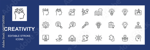 Creativity icon set. Containing idea, innovation, inventive, brainstorming, inspiration, originality, imagination, improvisation, creative, design and more. Editable stroke. Vector illustration.