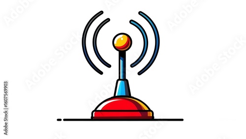 Colorful cartoon antenna icon broadcasting a wireless signal with a red base on a white background.