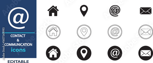 Contact and Communication Icons Set – Home, Location, Email, and Internet Symbols in Flat, Line, and Circle Styles.