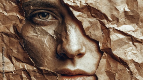 Unique artistic expression reveals hidden emotions through a crumpled paper effect showcasing a close-up of a person's face and eyes in intricate detail