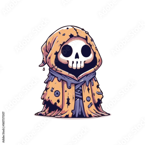 A cute cartoon skeleton character in a tattered orange cloak with a large hood. The design blends spooky and adorable elements with a touch of fantasy and charm.