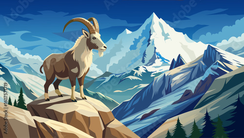 A mountain goat balances confidently on a rocky alpine ledge with snowy peaks stretching behind it