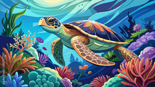 A sea turtle glides peacefully through crystal-clear tropical waters above a coral reef