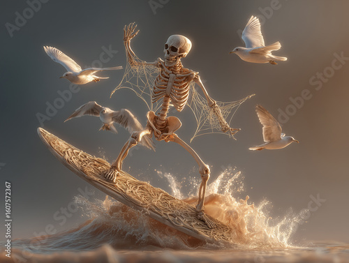 Skeleton surfing on a wooden board with birds flying around in a misty atmosphere at sunset