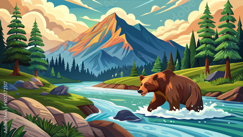 A brown bear fishes for salmon in a fast-moving river surrounded by green coniferous forest