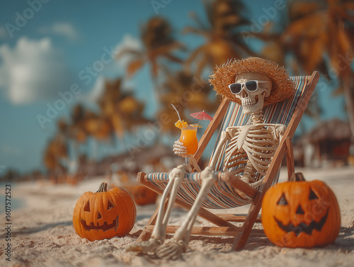 Skeleton enjoys tropical beach life with pumpkins during Halloween season