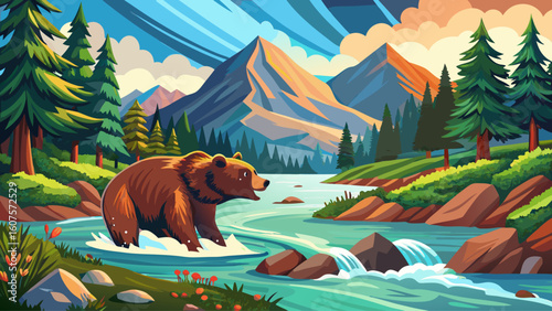 A brown bear fishes for salmon in a fast-moving river surrounded by green coniferous forest