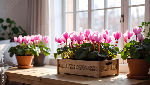 Pink flowers on windowsill