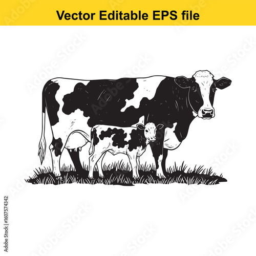 A mother cow and her calf stand in the grass