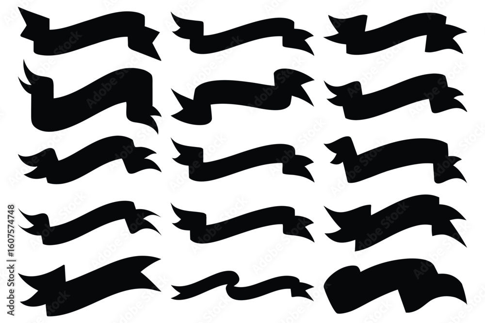 Black Ribbon Banner Silhouette Set | Vector Flat Ribbon Clipart for Labels, Logos, and Design Black Ribbon Banner Silhouette Set | Vector Flat Ribbon Clipart for Labels, Logos, and Design