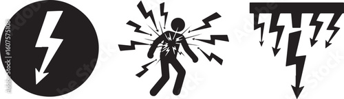 Black lightning bolt symbols and person struck by lightning, electricity, danger, hazard, warning, symbol, lightning, bolt, thunder, storm, power, energy, shock, electric shock, danger sign, warning s