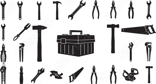 Black silhouette collection of various tools and toolbox, wrench, adjustable wrench, hammer, pliers, wire cutters, saw, toolbox, tool kit, construction, repair, diy, workshop, hardware, metal, equipme