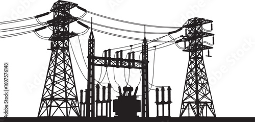 Black silhouette of electrical substation with power lines and towers, electricity, power, substation, transformer, transmission, tower, high voltage, energy, infrastructure, industrial, electrical, g