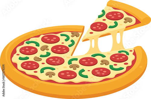 Delicious pepperoni pizza slice with melted cheese, mushrooms, green peppers, hot crust, appetizing toppings, food illustration, white background