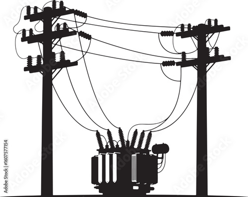 Black silhouette of electrical transformer and power poles, electricity, power, transformer, electrical, pole, power line, utility, energy, infrastructure, high voltage, transmission, distribution, eq