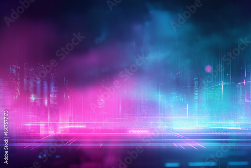 Ultra-detailed abstract cyberpunk background with glowing neon blue and pink vertical light streaks, digital elements and futuristic data effects, perfect for IT, SaaS, and technology concepts