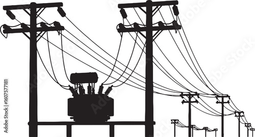 Black silhouette of electrical transformer and power lines on poles, electricity, power line, transformer, utility pole, infrastructure, energy, transmission, distribution, electrical equipment, overh