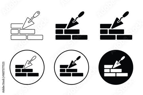 Bricklaying icons with trowel and bricks in different styles