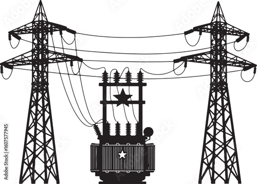 Black silhouette of electrical transformer between two power line towers, electricity, power, energy, transmission, high voltage, tower, pylon, infrastructure, industry, technology, electrical, grid, 