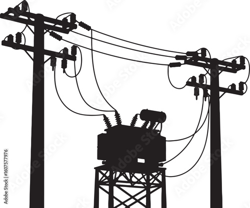Black silhouette of electrical transformer on poles with wires, electricity, power, transformer, electrical, pole, power line, wire, energy, distribution, infrastructure, utility, transmission, high v