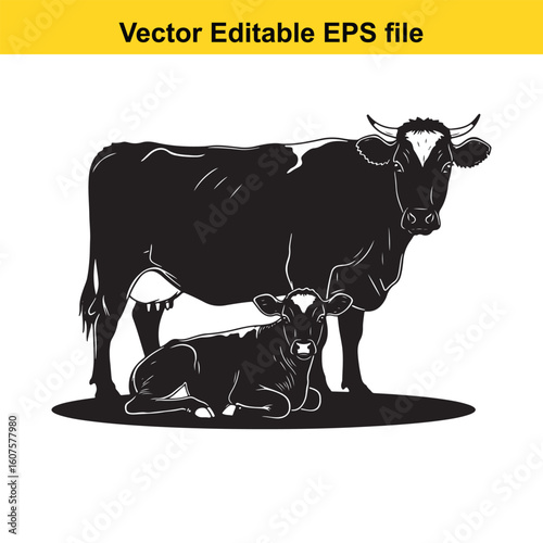 A cow and calf stand together in a silhouette