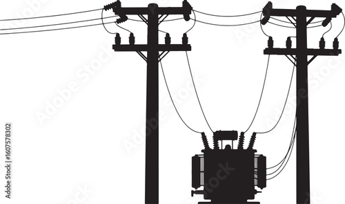 Black silhouette of electrical transformer on utility pole, electricity, power, energy, transformer, utility pole, power line, electrical equipment, infrastructure, technology, industry, distribution,