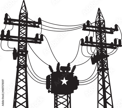 Black silhouette of electrical transmission towers and transformer, electricity, power, transmission, tower, pylon, high voltage, energy, infrastructure, industry, industrial, grid, network, connectio