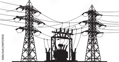 Black silhouette of electrical transmission towers and transformer, electricity, power, transmission, tower, pylon, high voltage, infrastructure, energy, industry, industrial, electric, power line, su