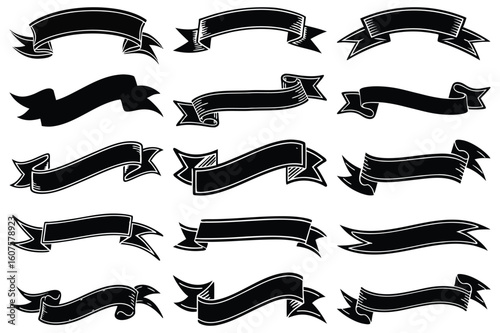 Vintage Black Ribbon Banner Clipart Set | Hand-Drawn Retro Label Vector Collection