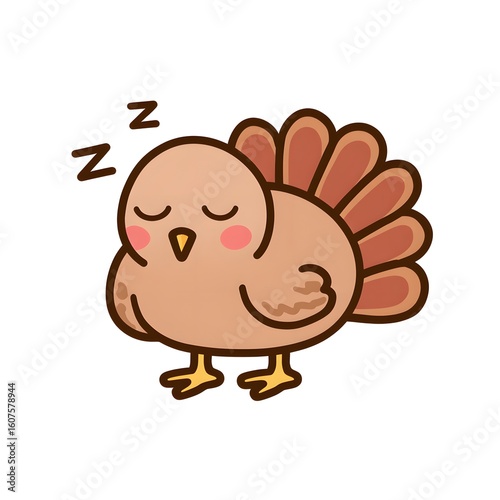 Cute Kawaii Vector Illustration of Sleepy Turkey Bird Character