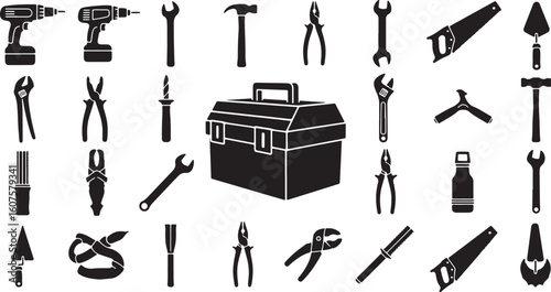 Collection of Black Silhouettes of Various Hand Tools and Toolbox, toolbox, drill, screwdriver, wrench, hammer, pliers, saw, trowel, chisel, bolt cutters, adjustable wrench, pipe wrench, measuring tap
